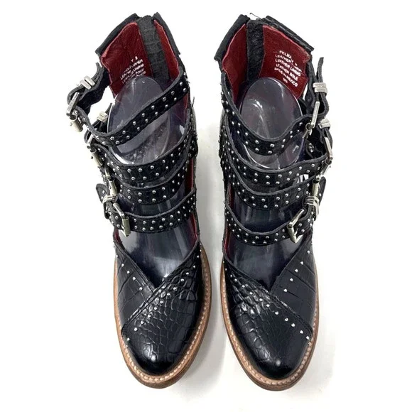 Freebird Felicity Strappy Studded Buckle Bootie Womens 8 Black Leather Red Sole - Picture 7 of 16